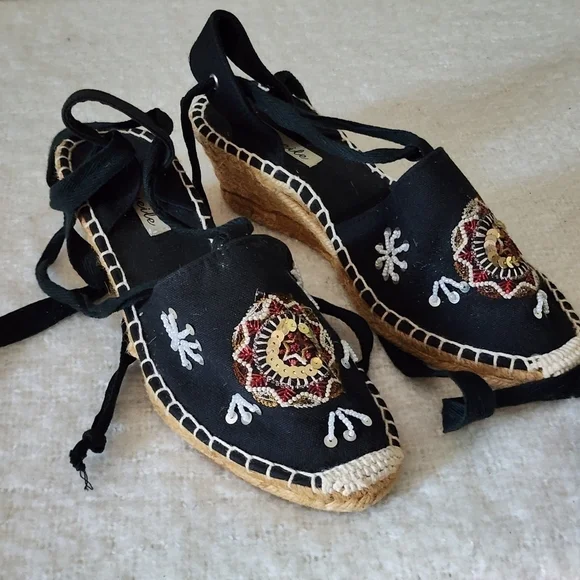 Niweile wedge espadrile sandal color black with floral embroidered size 38 - Picture 3 of 7